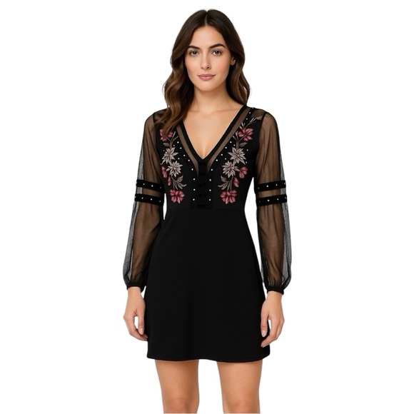 River Island Dresses & Skirts - River Island Black Semi Sheer Mesh Velvet Embroidered Long Sleeve Mini Floral